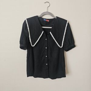 VINTAGE Black Button-Front Blouse with Decorative Trim Collar